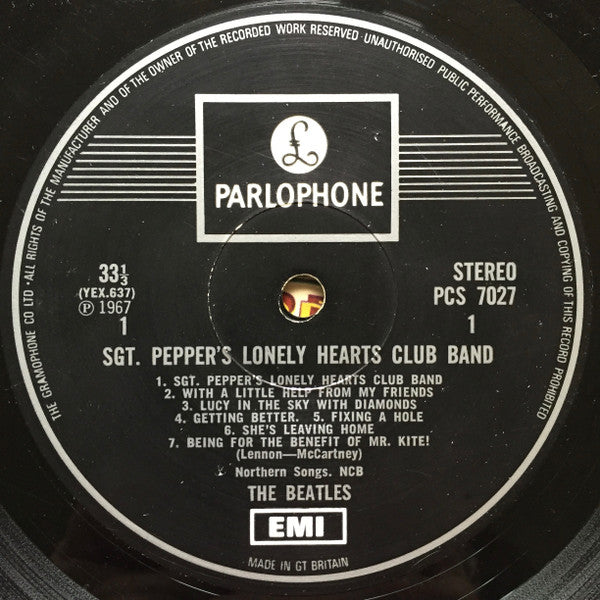 Image of Label Cover of LP - VG+/VG - THE BEATLES, Sgt. Pepper's Lonely Hearts Club Band (Parlophone Silver/Black - 1 EMI Box; PCS 7027, UK 1969 Reissue, Laminated Gatefold, Flipback Inside , Cut Outs, Stereo), Mark That Clicks For First 30 Seconds Of Side 2 - Otherwise Strong VG+,  - 1126172E
