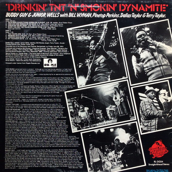 Image of Back Cover of 4525156E: LP - BUDDY  GUY & JUNIOR WELLS WITH BILL WYMAN & PINETOP PERKINS & DALLAS TAYLOR & TERRY TAYLOR, Drinkin' T.N.T N' Smoking Dynamite (Red Lightnin'; RL 0034, UK 1984)   VG/VG