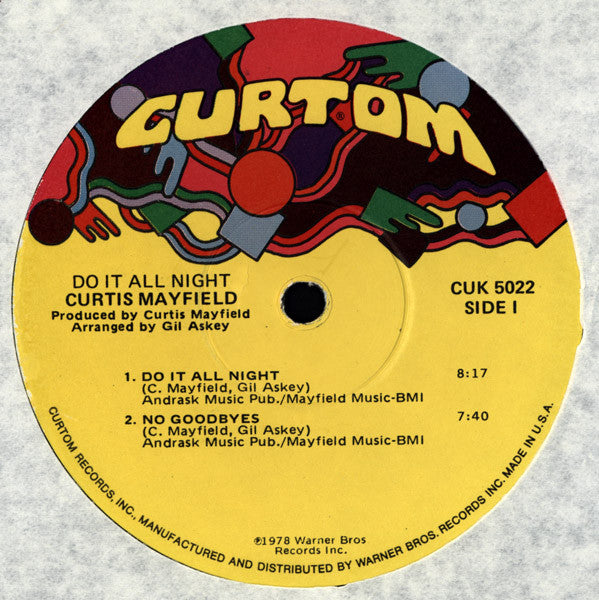 Image of Label Cover of LP - VG/VG - CURTIS MAYFIELD, Do It All Night (Curtom; CUK 5022, US 1978, Jacksonville pressing), Stickers on labels.,  - 3726129E