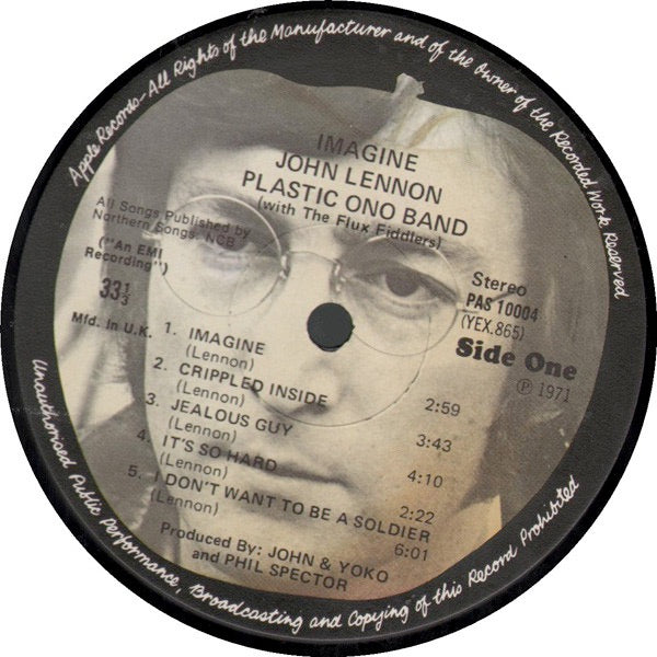 Image of Label Cover of LP - VG/G+ - JOHN LENNON, Imagine (Apple; PAS 10004, UK 1971, No Inner, No Poster or Postcard, Laminated Sleeve, Pinched Spine, First Press. YEX 865-1U PORKY / PECKO), Laminate creasing and wear to sleeve. Generic inner. ,  - 2826274E
