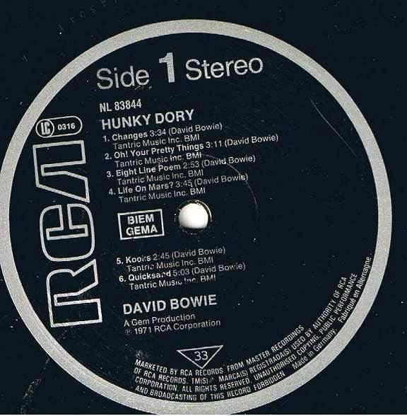 Image of Label Cover of LP - VG/VG - DAVID BOWIE, Hunky Dory (RCA Black & Silver; NL 83844, Europe 1983 Reissue, Barcode), Glossy disc, Wispy marks, Light sleeve wear,  - 2116576C
