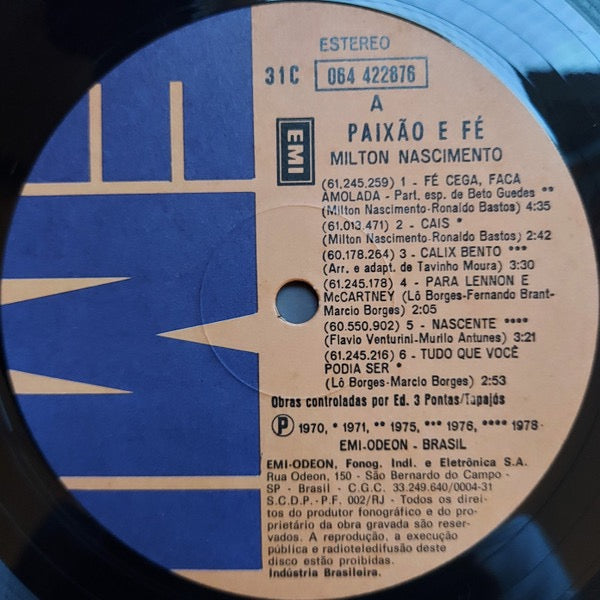 Image of Label Cover of LP - G+/VG - MILTON  NASCIMENTO, Paixao E Fe (EMI; 422.876, Brazil 1980), Edge and ring wear, small tears. Old shop sticker on cover. Hairlines on disc.,  - 4146088S