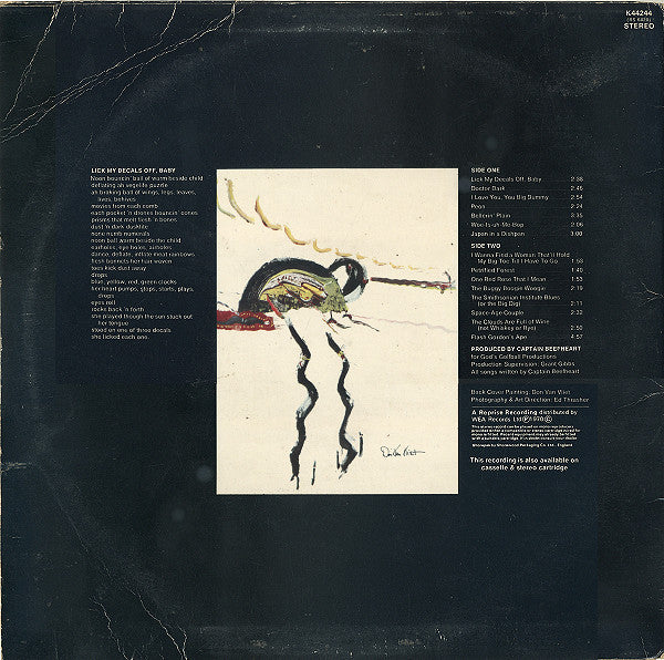 Image of Back Cover of 2024096E: LP - CAPTAIN BEEFHEART, Lick My Decals Off Baby (Reprise Tan Riverboat, No WB Logo; K44244, UK 1973 Reissue, No Inner) Cut-out (Corner cut)  VG/VG