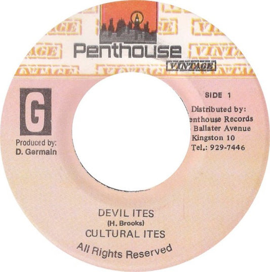 Image of Front Cover of 0316187C: 7" - CULTURAL ITES, Devil Ites / Version (Penthouse Vintage; , Jamaica 1990s Reissue, Plain Sleeve) Writing on labels.  /VG