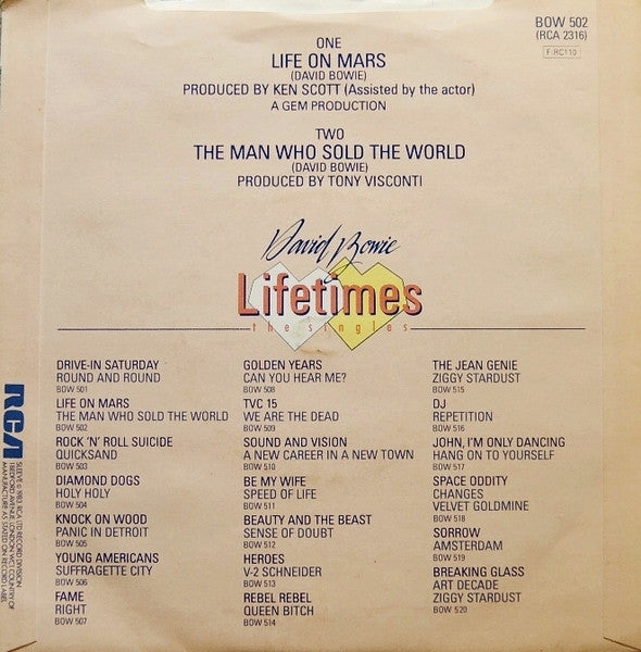 Image of Back Cover of 4624083E: 7" - DAVID BOWIE, Life On Mars / The Man Who Sold The World (RCA; BOW 502, Europe 1983 Reissue, Picture Sleeve, David Bowie Lifetimes Singles Series)   VG+/VG+