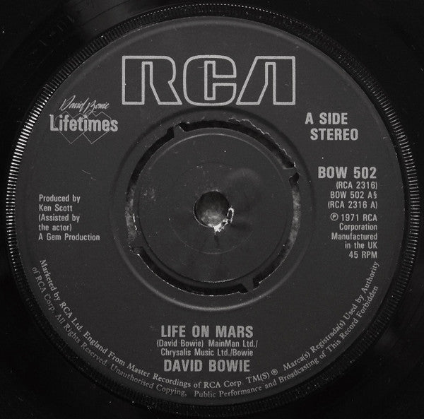 Image of Label Cover of 4624083E: 7" - DAVID BOWIE, Life On Mars / The Man Who Sold The World (RCA; BOW 502, Europe 1983 Reissue, Picture Sleeve, David Bowie Lifetimes Singles Series)   VG+/VG+