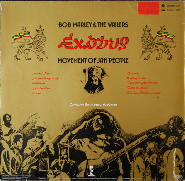 Image of Back Cover of 4815355C: LP - BOB MARLEY AND THE WAILERS, Exodus (Island Records; 28 819 XOT, Germany 1977, Not-Embossed Sleeve, Inner) Conservative grading : mottling on disc, sounds VG or better. Sleeve looks great, but has a bit torn off on bottom right corner.  G+/G+