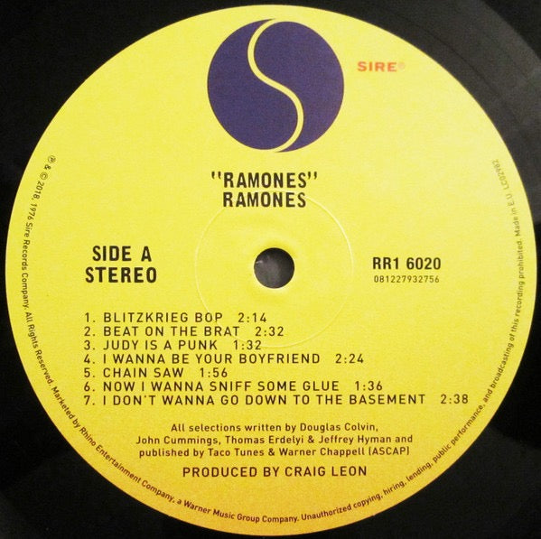 Image of Label Cover of LP - VG+/EX - RAMONES, Ramones (Rhino; RR16020, Europe 2018 Reissue, Inner, 180 Gram Vinyl), ,  - 2826094E