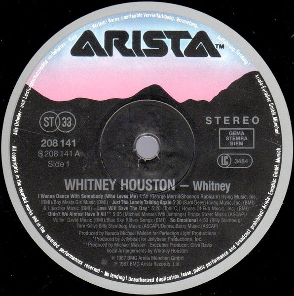 Image of Label Cover of LP - VG/G - WHITNEY HOUSTON, Whitney  (Arista; 208141, Europe 1987, Inner), ,  - 3016265C