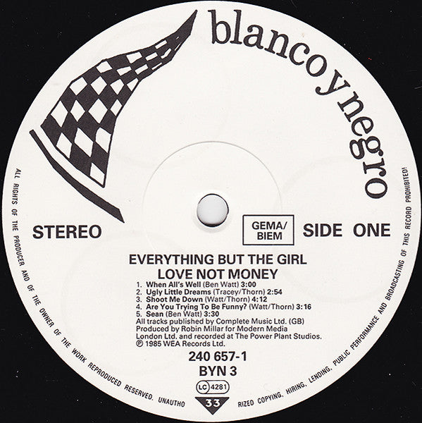 Image of Label Cover of LP - VG/G+ - EVERYTHING BUT THE GIRL, Love Not Money (Blanco Y Negro; BYN 3, UK 1985, Inner), Light Marks only.,  - 3116076C