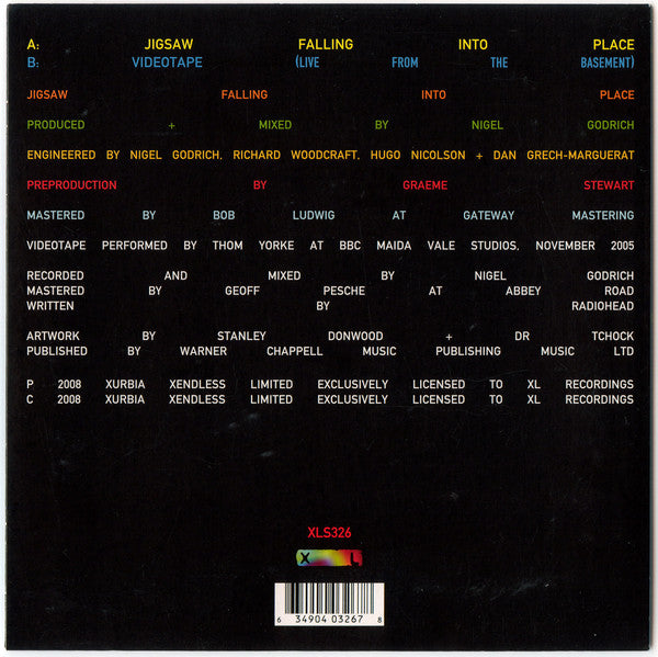 Image of Back Cover of 7" - VG/VG - RADIOHEAD, Jigsaw Falling Into Place / Videotape (Live From The Basement) (XL; XLS326, UK 2008, Picture Sleeve), Sticker Damage To Sleeve,  - 2526500E