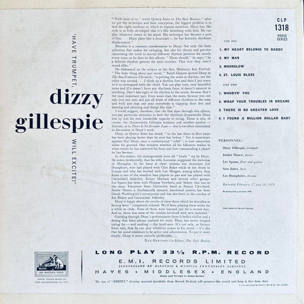 Image of Back Cover of LP - VG/VG - DIZZY GILLESPIE, Have Trumpet, Will Excite! (Verve; CLP 1318, UK 1959, Flipback Sleeve, Mono), ,  - 3326076E