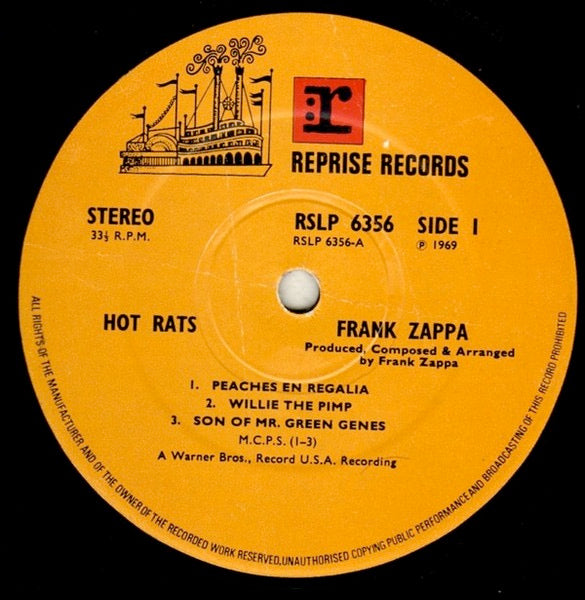 Image of Label Cover of LP - G+/G - FRANK ZAPPA, Hot Rats (Reprise Tan, No WB Logo; RSLP6356, UK 1970 Reissue, Gatefold, SIDE 1 / SIDE 2 ON LABELS), Heavy spine wear, Lots of hairline marks. ,  - 3616420C