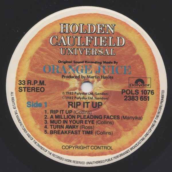 Image of Label Cover of LP - G+/VG - ORANGE JUICE, Rip It Up  (Polydor; POLS 1076, UK 1982, Inner), Several light hairlines. Sleeve has ringwear, edgewear, creases sticker removal tear. ,  - 3226012E