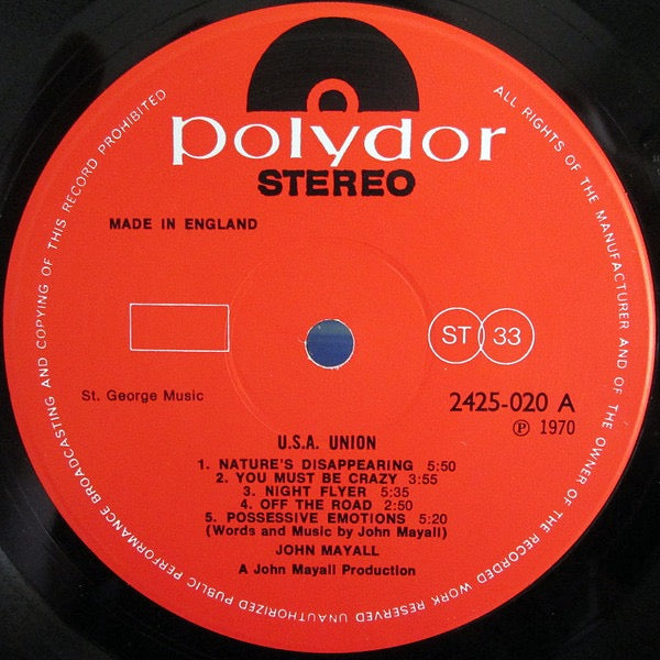 Image of Label Cover of LP - VG/VG+ - JOHN MAYALL, USA Union (Polydor; 2425020, UK 1970, Gatefold), ,  - 2016249C