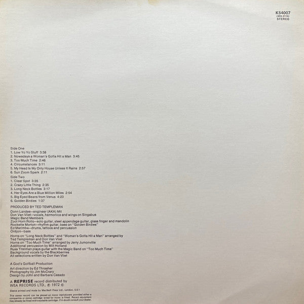 Image of Back Cover of 3524335E: LP - CAPTAIN BEEFHEART, Clear Spot (Reprise; K54007, UK 1972, Embossed Plastic Sleeve, Insert)   VG+/VG