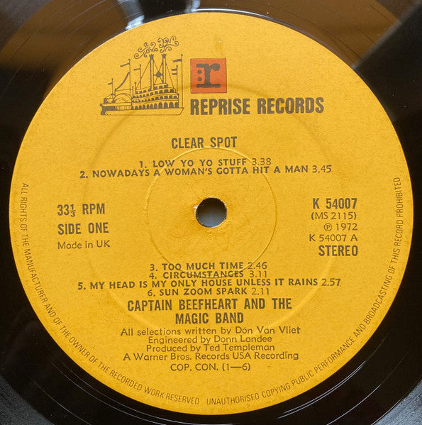 Image of Label of 3524335E: LP - CAPTAIN BEEFHEART, Clear Spot (Reprise; K54007, UK 1972, Embossed Plastic Sleeve, Insert)   VG+/VG