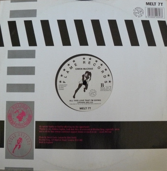 Image of Back Cover of 12" - G+/G+ - GWEN MCCRAE, All This Love That I'm Giving (Extended Mix / Original) (Flame Records; MELT 7T, UK 1988, Titled Company Sleeve), Strong G+, light marks only, A-side is VG. Creasing, dscolouration & rigwear to sleeve.,  - 4426033E