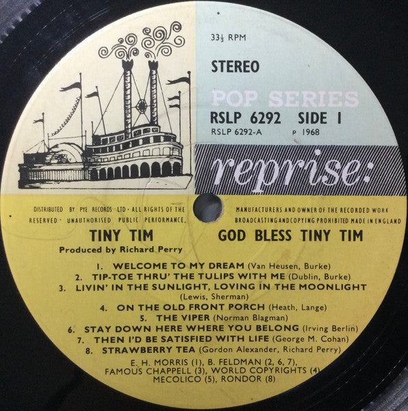 Image of Label Cover of LP - VG/VG - TINY TIM, God Bless (Reprise Blue & Yellow Riverboat; 6292, UK 1968, Laminated Flipback Sleeve, Stereo), ,  - 0826066E