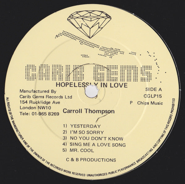 Image of Label Cover of LP - VG/VG+ - CARROL THOMPSON, Hopelessly In Love (Carib Gems ; CGLP 15, UK 1981, Laminated Front Sleeve), ,  - 2246296S