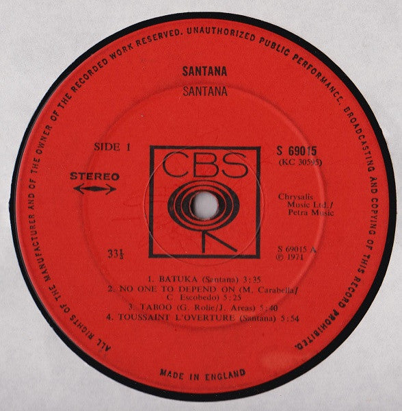 Image of Label Cover of LP - VG+/EX - SANTANA, Santana (Third Album) (CBS Smooth Orange (33 1/3 On Label); 69015, UK 1971, Gatefold, Gold Sticker), Gold Sticker Is Inside Gatefold, Company Inner,  - 3326109E