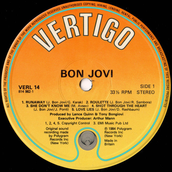 Image of Label Cover of LP - VG/VG+ - BON JOVI, Bon Jovi (Vertigo; VERL 14, UK 1984, Inner), ,  - 3046182S