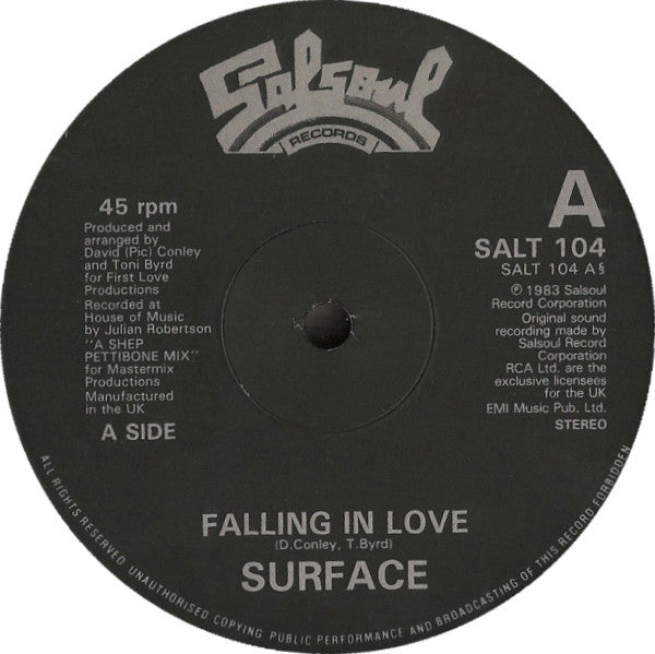 Image of Back Cover of 12" - VG/VG+ - SURFACE, Falling In Love (Salsoul; SALT 104, UK 1983, Picture Sleeve), light edge wear to sleeve. sticker top right front sleeve,  - 3646361S
