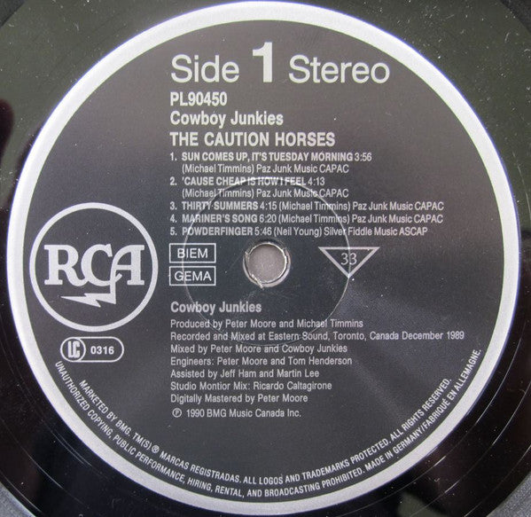 Image of Label Cover of LP - VG/VG+ - COWBOY JUNKIES, The Caution Horses (RCA; PL 90450, UK 1990, Inner), Edge Wear,  - 1146318S