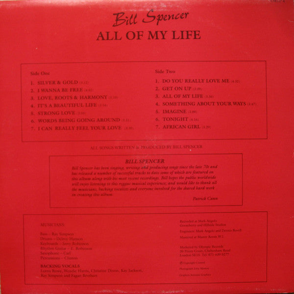 Image of Back Cover of LP - VG/VG - BILL SPENCER, All Of My Life (Olympic Records; ORL 4, UK 1987), ,  - 0546227S