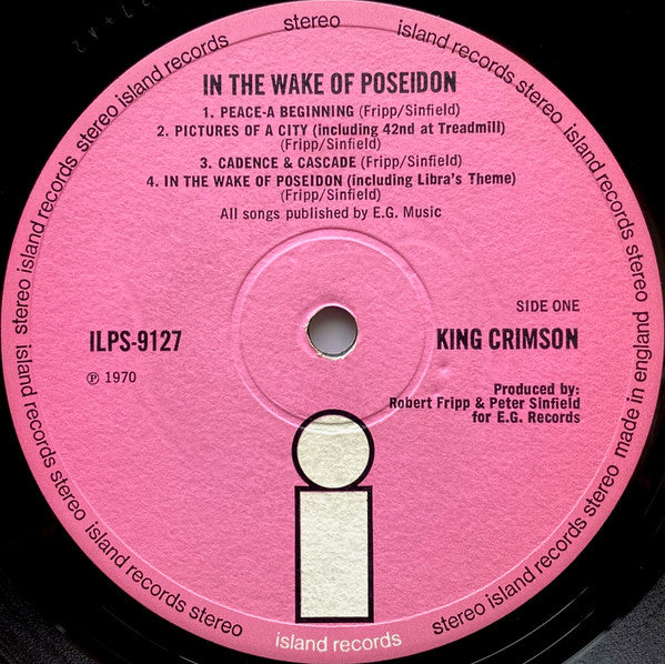 Image of Label Cover of 0215366C: LP - KING CRIMSON, In The Wake Of Poseidon (Island Pink i - A/2 B/2 Matrix; ILPS9127, UK 1970, Textured Gatefold Sleeve) Vinyl is glossy, A couple of long light marks, Last track on A side clicks due to a feelable mark, Not too noticable, Sleeve has a little patch of sticker damage but fully intact  VG/G+