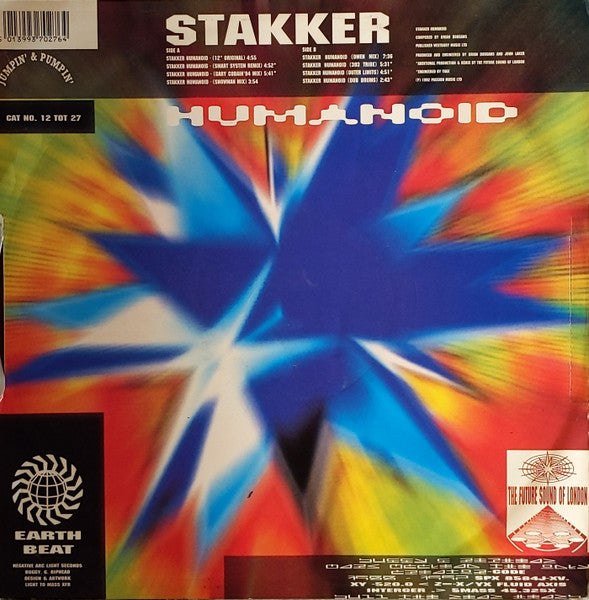 Image of Back Cover of 12" - G+/VG - HUMANOID, Stakker Humanoid 92 (Jumpin' & Pumpin'; 12 TOT 27, UK 1992, Picture Sleeve, Brown Marbled Vinyl), marbled vinyl. few creases and small seam split - 1 inch,  - 4046328S