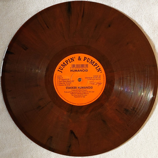 Image of Label Cover of 12" - G+/VG - HUMANOID, Stakker Humanoid 92 (Jumpin' & Pumpin'; 12 TOT 27, UK 1992, Picture Sleeve, Brown Marbled Vinyl), marbled vinyl. few creases and small seam split - 1 inch,  - 4046328S