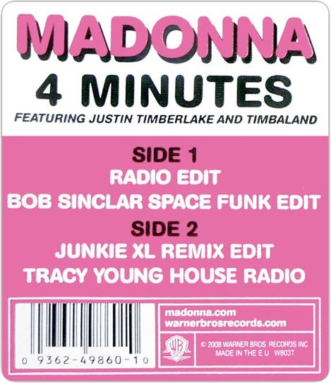 Image of Label Cover of 12" - VG+/VG+ - MADONNA, 4 Minutes (Warner Bros; W803T, Europe 2008, Stickered Clear Plastic Sleeve, Picture Disc), ,  - 4226189E