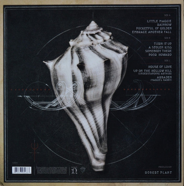 Image of Back Cover of 2xLP - VG+/VG - ROBERT PLANT, Lullaby and The Ceaseless Roar (Nonesuch; 7559795433, UK, Europe & US 2014, Pasteback Gatefold, Insert, 180 Gram Vinyl, Etched Side D, NO CD), Strong VG - a few light marks, no hype sticker,  - 3646330S
