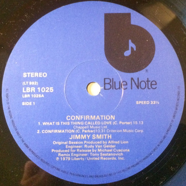 Image of Label Cover of LP - VG/VG - JIMMY SMITH, Confirmation (Blue Note (Dark Blue w/ black 'b'); LBR 1025, UK 1979), ,  - 3126218E