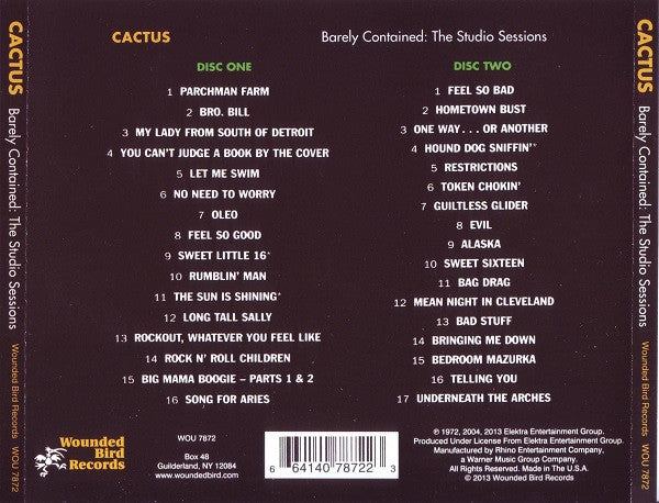 Image of Back Cover of 3534001E: 2xCD - CACTUS, Barely Contained: The Studio Sessions (Wounded Bird Records; WOU7872, US 2013, Triple Digipak)   VG+/VG+