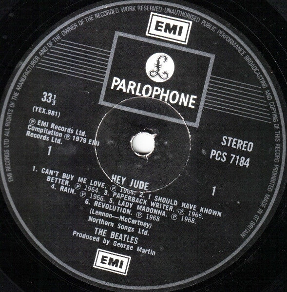 Image of Label Cover of LP - VG/VG+ - THE BEATLES, Hey Jude (Parlophone Silver/Black - 2 EMI Boxes, "Made In Gt. Britain" On Rim; PCS7184, UK 1979 Reissue, Laminated Sleeve), ,  - 3626028E