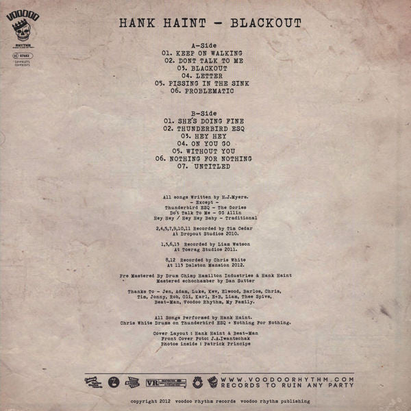 Image of Back Cover of 5244183S: LP - HANK HAINT, Blackout (Voodoo Rhythm; VR1271, Switzerland 2012, Inner, Black / White Split Vinyl, No CD)   VG+/VG+