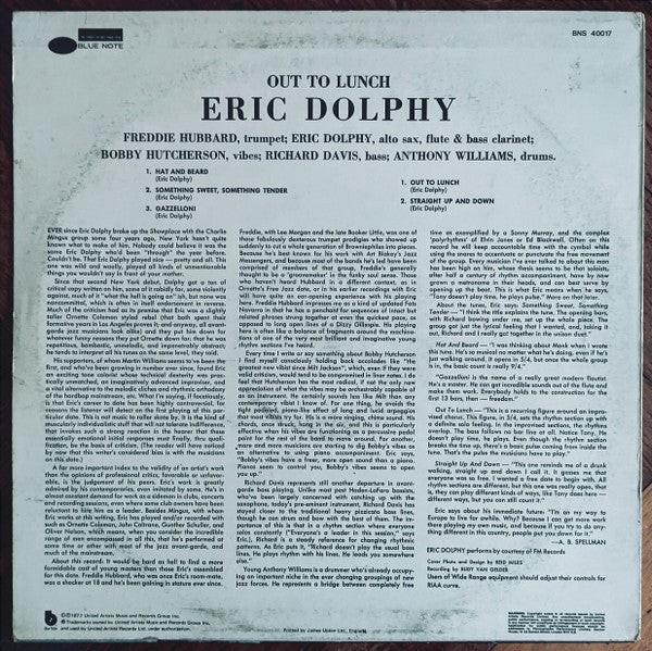 Image of Back Cover of LP - VG/VG+ - ERIC DOLPHY, Out To Lunch! (Blue Note; BNS 40017, UK 1977 Reissue, Stereo), Minor Sticker Damage on Front Sleeve,  - 1126238E