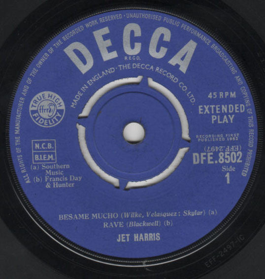 Image of Label Cover of 4214249C: 7" EP - JET HARRIS, Jet Harris (Decca Blue Unboxed; DFE 8502, UK 1962, Laminated Flipback Sleeve) Strong VG, sleeve age discoloured on rear.  VG/VG