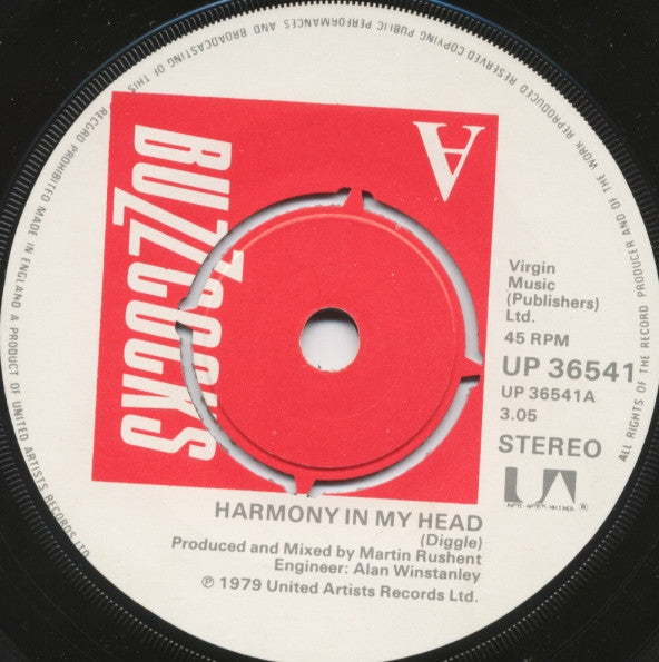 Image of Label Cover of 7" - VG/VG+ - BUZZCOCKS, Harmony In My Head (United Artists; UP 36541, UK 1979, Flipback Blue Sleeve), Light edge wear with some small spots and sticker residue. A couple fine hairlines on disc.,   - 3556193S