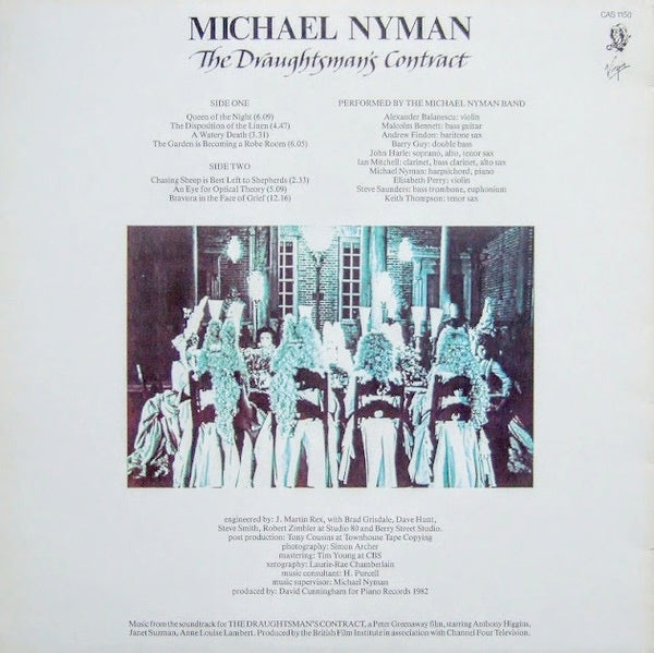 Image of Back Cover of LP - VG+/VG+ - MICHAEL NYMAN, The Draughtsman's Contract - OST (Charisma Blue Distributed By Virgin; CAS 1158, UK 1983 Reissue), ,  - 2626101E