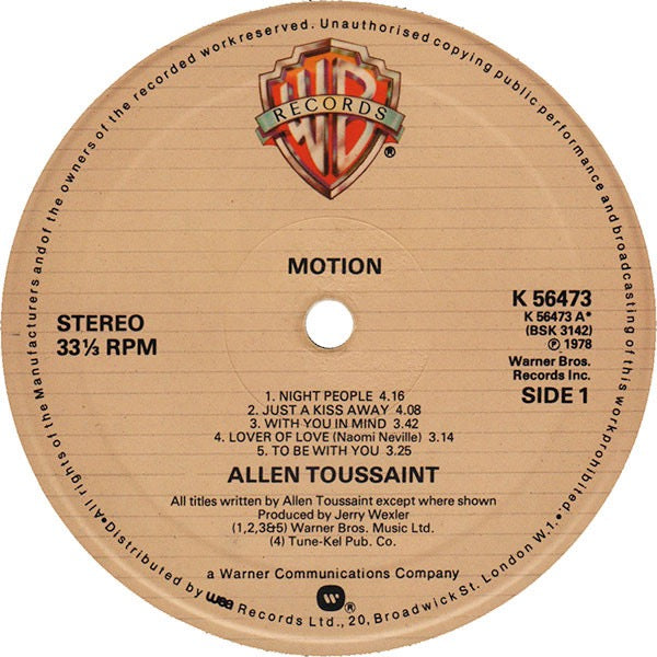 Image of Label Cover of LP - VG/VG - ALLEN TOUSSAINT, Motion (Warner Bros. Records; K 56473, UK 1978), Light Marks only.,  - 2216219C