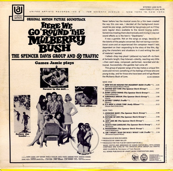 Image of Back Cover of LP - VG/VG+ - VAR (SPENCER DAVIS GROUP/ TRAFFIC), Here We Go 'Round the Mulberry Bush - OST (UA Red and Pink Label; UAS5175, US 1968, Stereo), Writing On Label and Rear Sleeve,  - 3126060E