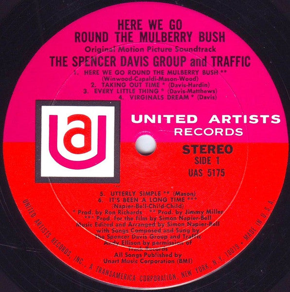Image of Label Cover of LP - VG/VG+ - VAR (SPENCER DAVIS GROUP/ TRAFFIC), Here We Go 'Round the Mulberry Bush - OST (UA Red and Pink Label; UAS5175, US 1968, Stereo), Writing On Label and Rear Sleeve,  - 3126060E