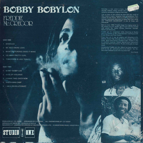 Image of Back Cover of 4015074C: LP - FREDDIE MCGREGOR, Bobby Babylon (Studio One; , Jamaica 1980s Reissue) Lots of light marks, pressing imperfections; one side slightly off-centre, like all copies. General storage wear on sleeve.  VG/G+