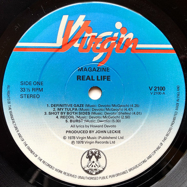 Image of Label Cover of LP - VG/VG+ - MAGAZINE, Real Life (Virgin Blue & White; V2100, UK 1978, First Pressing), Sleeve has ringwear, edgewear, taped on bottom seam.,  - 2626140E