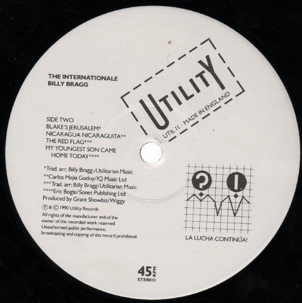 Image of Label Cover of 4624230E: LP - BILLY BRAGG, The Internationale (Utillity; UTIL11, UK 1990, 2 Inserts) Missing the merch insert but includes the lyrics insert.  VG/VG