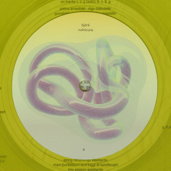 Image of Label Cover of 2xLP - EX/EX - BJORK, Vulnicura (One Little Indian; tplp1231ltd, UK 2015, Gatefold With Printed PVC outer, 2 Inners, Neon Yellow Vinyl (hype sticker states "dual colored vinyl"), Ltd to 5000), SEALED with 2 hype stickers,  - 3746419S