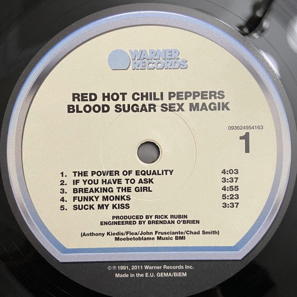Image of Label Cover of 2xLP - NEW/NEW - RED HOT CHILI PEPPERS, Blood Sugar Sex Magik (Warner Records; 093624954163, USA, Canada & Europe 2020 Reissue, Insert, 180 Gram Vinyl), , Red Hot Chili Peppers released Blood Sugar Sex Magik in 1991, their fifth studio album. Produced by Rick Rubin, the album featured John Frusciante's melodic songwriting and sexual innuendos. It peaked at number three on the US Billboard 200 and produced hit singles. Frusciante left the band in 1992, but rejoined in 1998. - 3916389C